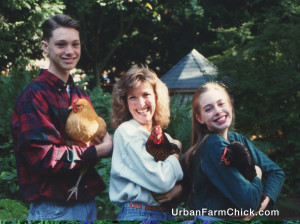 My son is on the left with Buttercup, I'm in the middle with Whoopi Goldbird, and my daughter is on the right with Cluck Cluck.